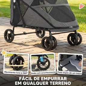 Carrinho para Cães Dobrável com um Botão até 30 kg com Suspensão em 4 Rodas Giratório e Travão de Pé Cinzento