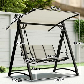 Baloiço de Jardim de 3 Lugares com Teto Ajustável UPF50+ Assento Transpirável e Estrutura em Metal 188x130x183 cm Creme