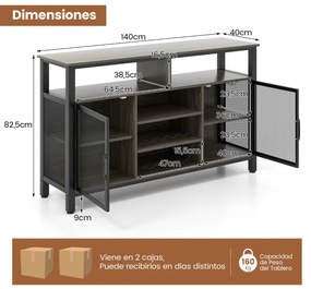 Aparador garrafeira de vinhos 2 em 1 para 8 garrafas e 6 filas com portas de rede metálica para cozinha e sala de jantar 140 x 40 x 82,5 cm Cinzento