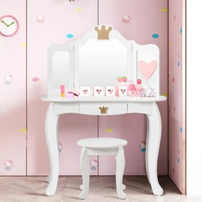Conjunto Toucador e cadeira para Meninas com gaveta e espelho em 3 partes 80 x 42 x 106 cm Branco