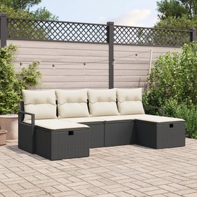 Conjunto de Sofá de Jardim de 6 Peças com Almofadas Preto Polirratã