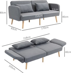Sofá-cama de 3 lugares de design 170 (L) x 83 (P) x 80 (A) cm, com encosto reclinável e braços ajustáveis, em tecido cinzento com efeito de linho