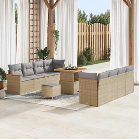 vidaXL Conjunto de Sofá de Jardim de 11 Peças com Almofadas Bege Rattan Poliéster Acácia