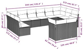 12 pcs conjunto de sofás jardim c/ almofadões vime PE cinzento