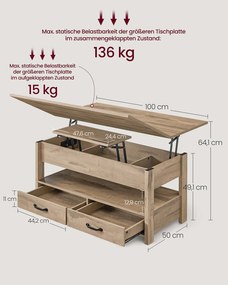 Mesa de centro com altura ajustável 50 x 100 x 49,1 cm/64,1 cm, gavetas e compartimentos castanho camelo