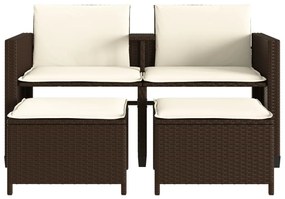 Sofá de jardim de 2 lugares com mesa e bancos vime PE castanho