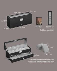 Caixa para relógios com 2 níveis 10 x 32,5 x 13,5 cm, revestimento em PU preto e forro interior cinzento