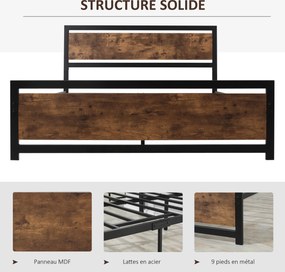 Estrutura de cama de casal em aço com base de cama e cabeceira, compatível com colchões de 190 x 140 cm (NÃO INCLUÍDO), com acabamento em madeira escu
