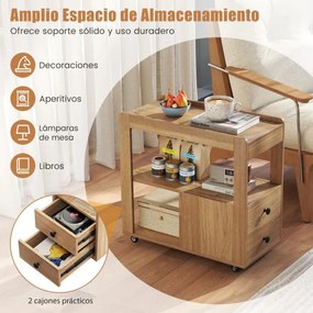 Mesa Lateral para Sofá ou Mesa de Cabeceira 65 x 30 x 62 cm com 2 Gavetas e Prateleiras Abertas com Rodas para Sala Natural