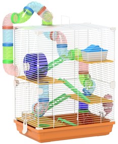 PawHut Gaiola para Hamster Gaiola para Pequenos Roedores com Túnel Comedouro Bebedouro Casa Rampas e Roda 46x30x58 cm Laranja | Aosom Portugal