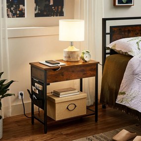 Mesa de apoio com 2 tomadas eléctrica e portas USB 60 x 31,5 x 60 cm Castanho Vintage-preto