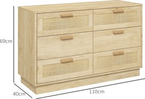 Cómoda para Quarto Cómoda de Madeira com 6 Gavetas de Vime Estilo Boêmio para Corredor Escritório 110x40x69 cm cor Carvalho