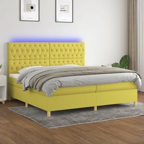Cama box spring c/ colchão e LED 200x200 cm tecido verde