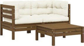 vidaXL 3 pcs conjunto lounge jardim c/ almofadões creme pinho maciço