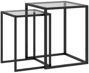 HOMCOM Conjunto de 2 Mesas de Centro Quadradas Empilháveis com Bancada de Vidro Temperado e Estrutura de Aço 33x33x45,5 cm e 42x42x51 cm Preto