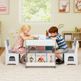 Conjunto de mesa e cadeiras para crianças Mesa de atividades em madeira com tampo reversível Prateleiras para livros e gavetas Cinzento + Branco