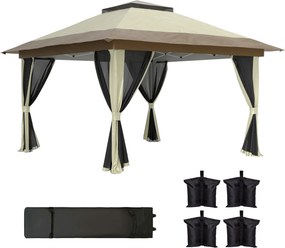 Outsunny Pérgola Dobrável 356x356x280 cm 4 Paredes Laterais Malha Anti-UV Altura Ajustável Bolsa Transporte Resistente Bege Marrom | Aosom Portugal