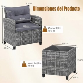 Conjunto de Jardim de 3 peças em rattan com almofadas macias e mesa em vidro temperado para varanda, alpendre ou jardim - cinzento
