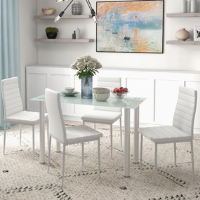 Conjunto de mesa de jantar com 4 cadeiras, tampo em vidro temperado, pés em aço, para cozinha e sala de estar, branco