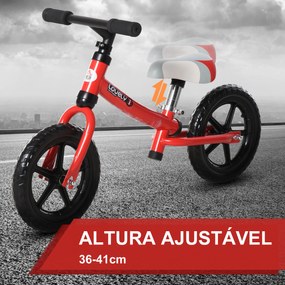 Bicicleta sem pedal para criança acima de 2 anos com selim ajustável em altura Pneus EVA máx. 25 kg Metal 65x33x46 cm Vermelho