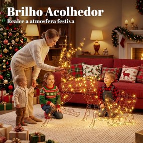 Rena e Trenó Luminosos em Rattan PP com 175 LED Branco Quente, 8 Modos e Temporizador, 120 cm, para Jardim Exterior