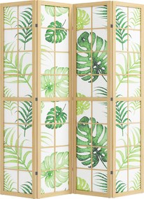 HOMCOM Separador de ambientes 4 peças, dobrável, design boho, motivo tropical, separador independente, estrutura de madeira, verde | Aosom Portugal