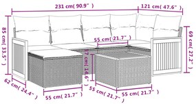 7 pcs conjunto sofás p/ jardim c/ almofadões vime PE cinzento