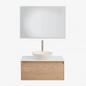 Conjunto De Móveis De Banheiro Em Madeira Tedrik Ash Castanho Fresno & Cimento Redondo Branco Ø40 Cm Zavion & Led Retangular - Sklum