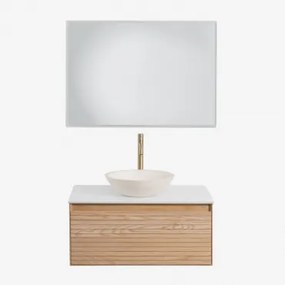 Conjunto De Móvel De Casa De Banho Suspenso 80x50 Cm Em Madeira De Freixo Tedrik Castanho Fresno & Cimento Redondo Branco Ø40 Cm Zavion - Sklum