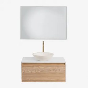 Conjunto De Móvel De Casa De Banho Suspenso Em Madeira De Freixo Tedrik Castanho Fresno & Cimento Redondo Branco Ø40 Cm Zavion & Led - Sklum