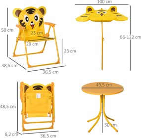 Conjunto de mobiliário de jardim infantil de 4 peças com design de tigre - Mesa redonda + 2 cadeiras dobráveis + guarda-sol amarelo
