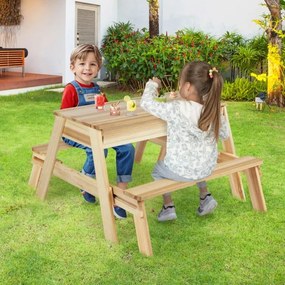 Mesa de piquenique para crianças Jogo 4 em 1 com mesa e bancos de madeira com tampo removível e 2 caixas de armazenamento  natural