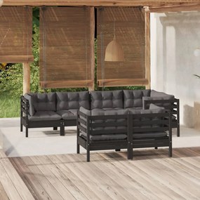vidaXL 7 pcs conjunto lounge jardim c/ almofadões pinho maciço preto