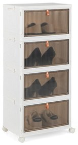 Sapateira dobrável ​​de 4 prateleiras com portas magnéticas transparentes e rodas universais com travão Cor: Branco + Castanho
