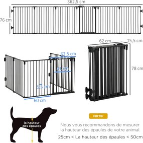 Barreira de Segurança para Animais Dobrável e Modulável, 362,5 x 2 x 76 cm, 6 Painéis com Porta, Preto