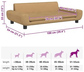 Cama para cães 100x54x33 cm veludo castanho