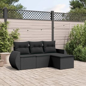 4 pcs conjunto de sofás para jardim c/ almofadões vime PE preto