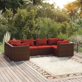 vidaXL 6 pcs conjunto lounge jardim c/ almofadões vime PE castanho