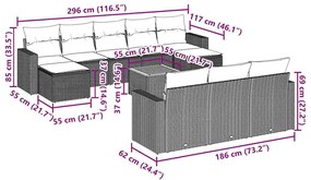 11 pcs conjunto sofás de jardim c/ almofadões vime PE preto