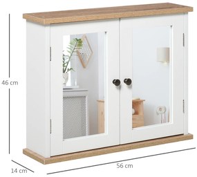 Kleankin Armário de banheiro montado na parede com espelho 2 portas Prateleira ajustável em 3 posições 56x14x46 cm Branco