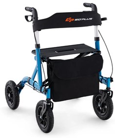 Andarilho dobrável para idosos com assento 24 cm Rodas pneumáticas todo-o-terreno Saco de arrumação Carga 160 kg Azul