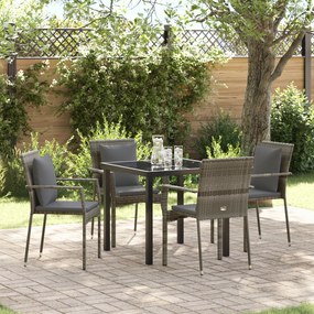 vidaXL Conjunto de Jantar de Jardim de 5 Peças com Almofadas Cinzento Vime Polímero