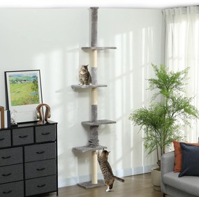 Arranhador para Gatos do Chão ao Teto 225-275 cm Torre para Gatos com Múltiplas Plataformas Sistema Anti-Tombo Cinza