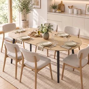 Mesa de Jantar Extensível Oval para 4-6 Pessoas (CADEIRAS NÃO INCLUIDAS) com Pés de Ferro e Bordos Arredondados, cor Carvalho