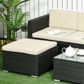Outsunny Conjunto de Móveis de Vime de Jardim 3 Peças Conjunto de Móveis de Vime Exterior Sofá de 3 Lugares com Almofadas Acolchoadas Mesa de Centro com Bancada de Vidro Temperado e Banco Preto e Bege