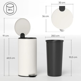 Balde do Lixo para Cozinha com Pedal 30L Cubo de Lixo Metálico com Tampa de Fecho Suave e Balde Removível 36x30x60,5 cm Creme
