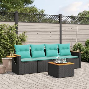 5 pcs conjunto de sofás p/ jardim c/ almofadões vime PE preto