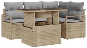 Conjunto de Sofás de Jardim de 5 Peças com Almofadas Bege de Rattan Po