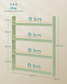 Estante infantil 12 x 80 x 100 cm com 4 níveis para quartos infantis e salas de jogos verde louro-natural