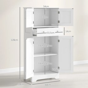 Armário de cozinha tipo aparador com portas, prateleiras ajustáveis e gaveta, 60 x 30 x 128 cm, branco